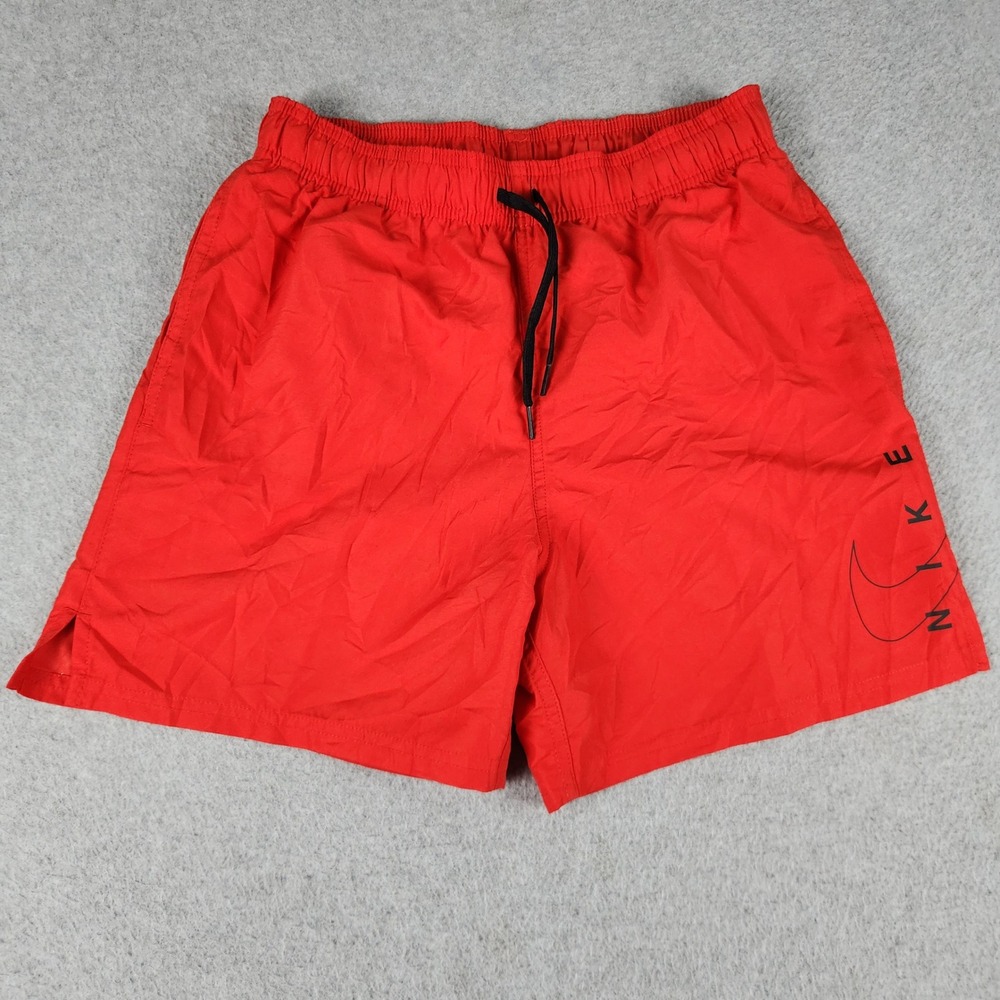 Nike Swim Trunks Shorts Mens Small Red Logo Graphic Mesh Lined Drawstring Waist